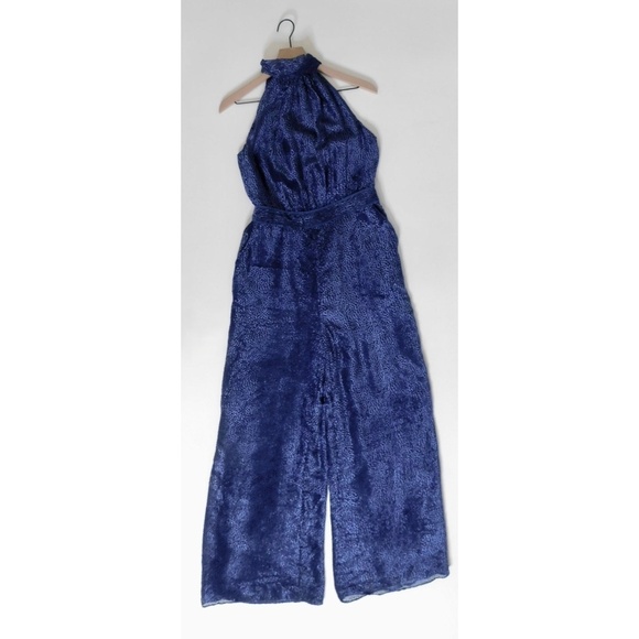 Anthropologie ELEVENSES Velvet Nova Jumpsuit Mock Neck Textured Blue Size 6 - Picture 3 of 16